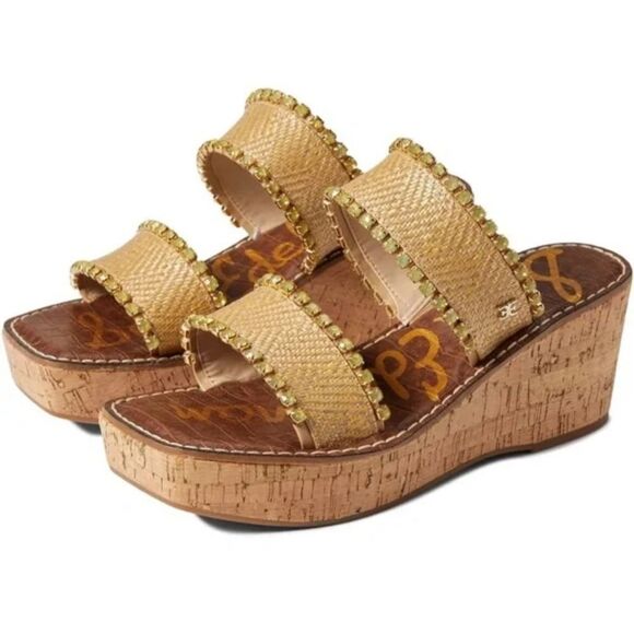 Sam Edelman Angelina Wedges Sandals Raffia Rhinestone Embellished Size 9.5 - Picture 1 of 7